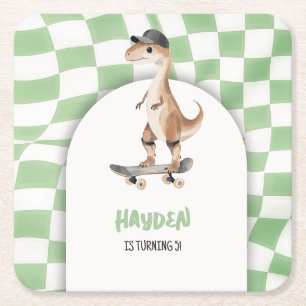 Dinosaurus Verjaardag Retro T Rex Geruit Vierkante Kartonnen Onderzetter