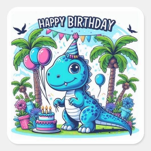 Dinosaurus Verjaardag sticker, Leuke Dino Party Vierkante Sticker (Voorkant)