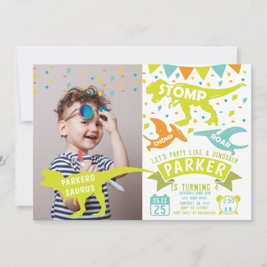 Dinosaurus Verjaardag Uitnodiging Moderne Foto (Voorkant)
