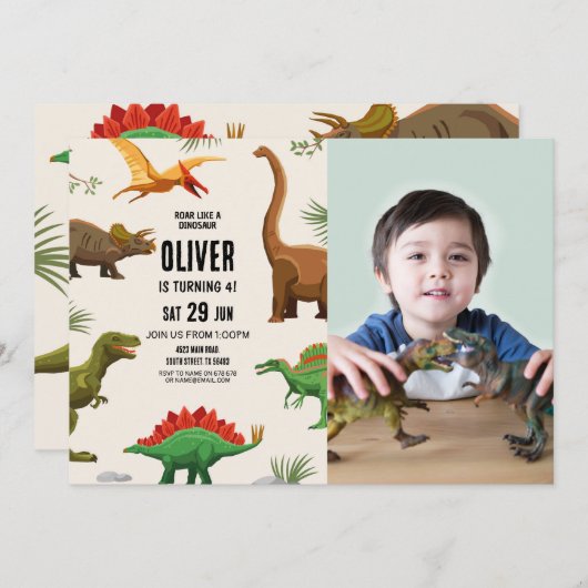 Dinosaurus Verjaardag Uitnodiging Party Jongens Fo (Voorkant / Achterkant)