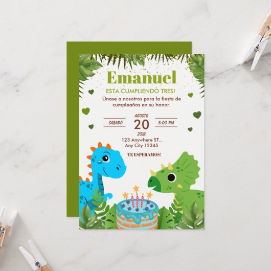 Dinosaurus Verjaardag uitnodiging, Spaans Kaart (Voorkant / Achterkant in situ)