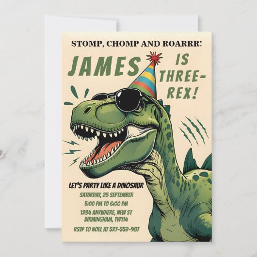Dinosaurus Verjaardag Uitnodiging Stomp Chomp Roar (Voorkant)