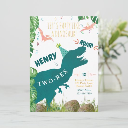 Dinosaurus Verjaardag uitnodiging Twee Rex uitnodi (Staand voorkant)