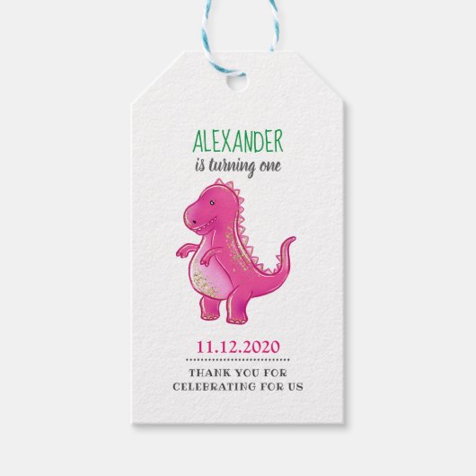 Dinosaurus Verjaardagsfeest | Pink Trex Dino dank Cadeaulabel (Voorkant)
