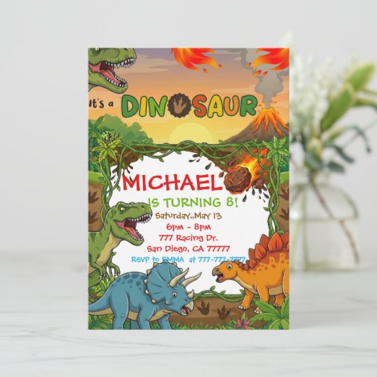 Dinosaurus verjaardagsfeest uitnodiging (Staand voorkant)