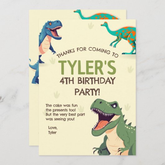 Dinosaurus Verjaardagsfeest Verticaal Dank u Kaart (Voorkant / Achterkant)