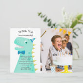 Dinosaurus verjaardagsfeestje aangepaste foto bedankkaart (Staand voorkant)