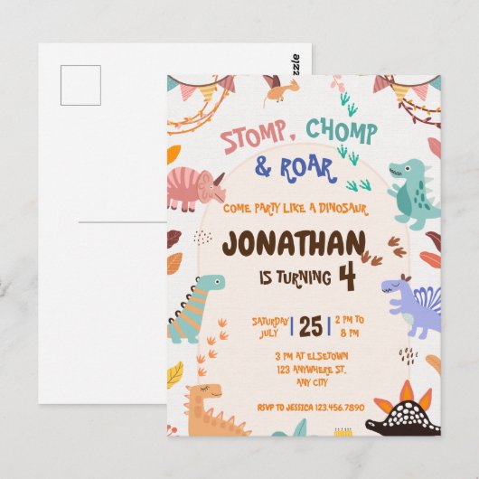 Dinosaurus verjaardagsfeestje briefkaart (Voorkant / Achterkant)