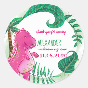 Dinosaurus Verjaardagsfeestje Schattige T-Rex Roze Ronde Sticker