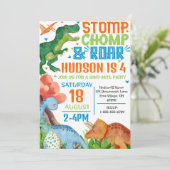 Dinosaurus verjaardagsfeestuitnodiging gepersonali kaart (Staand voorkant)