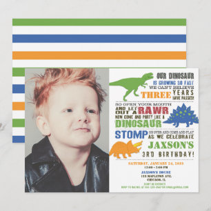 Dinosaurus verjaardagsjongen groen blauw sinaasapp kaart