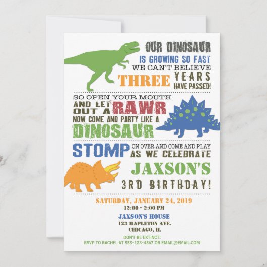 Dinosaurus verjaardagsuitnodiging jongen groen bla kaart (Voorkant)