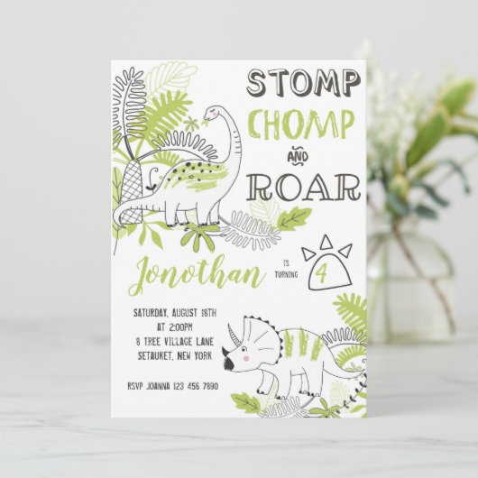 Dinosaurus verjaardagsuitnodiging, stompt chomp br kaart (Staand voorkant)