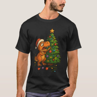 Dinosaurus vernietigt Kerstboom Grappig Kerstfeest T-shirt