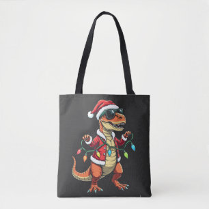 Dinosaurus verpakt met kerstverlichting Santa Hat Draagtas