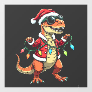 Dinosaurus verpakt met kerstverlichting Santa Hat Raamsticker