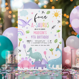 Dinosaurus Vier-A-Saurs Roze 4e Verjaardagsfeest Kaart