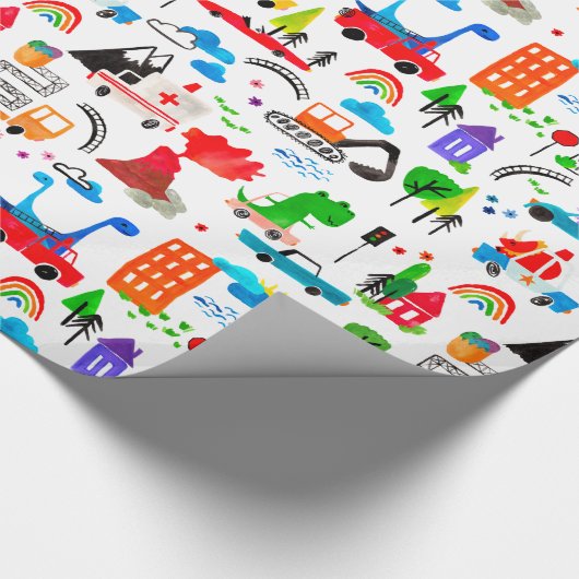 Dinosaurus Waterverf Busy Stad Kinderen Dino Verja Cadeaupapier (Hoek)