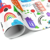 Dinosaurus Waterverf Busy Stad Kinderen Dino Verja Cadeaupapier (Rol Hoek)