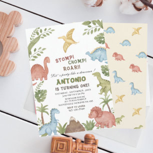 Dinosaurus waterverf verjaardagsfeestje kaart