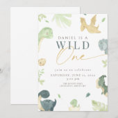 Dinosaurus Wild Een 1e verjaardagsfeestje Kaart (Voorkant / Achterkant)