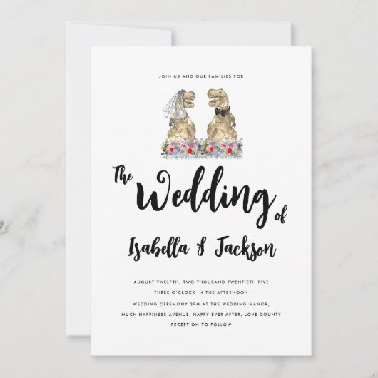 Dinosaurusbruid en bruidegom Wildflower bruiloft Kaart (Voorkant)