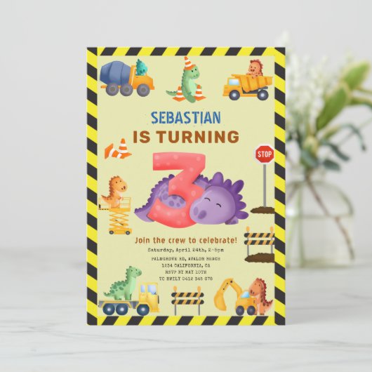 Dinosaurusconstructie Dino Crew 3e verjaardag Kaart (Staand voorkant)