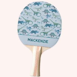 Dinosauruspatroon Blauw Gepersonaliseerde Naam Tafeltennisbatje