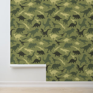 Dinosauruspatroon, dinosaurussilhouet, groene dino behang