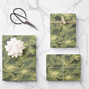 Dinosauruspatroon, dinosaurussilhouet, groene dino inpakpapier vel