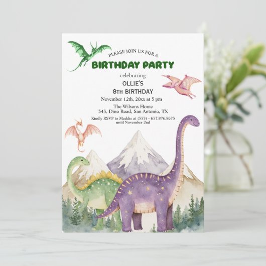 Dinosaurussen & bergen Kleurrijk 8e verjaardagsfee Kaart (Staand voorkant)