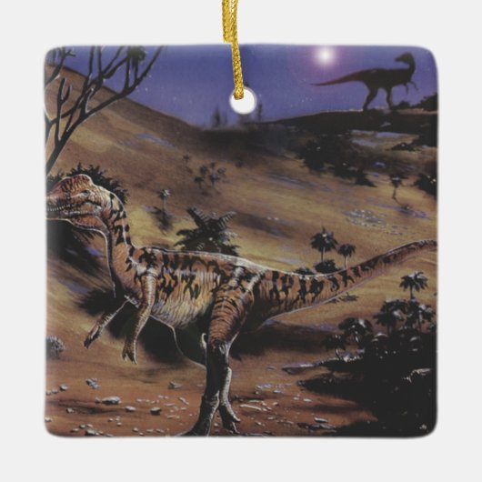 dinosaurussen, Dilophosaurus op een Sterrennacht Keramisch Ornament (Voorkant)