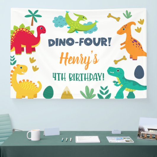 Dinosaurussen dino-vier 4e verjaardag banner/achte spandoek (Beurs)