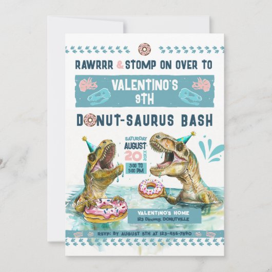 Dinosaurussen Donut Pool Party uitnodiging (Voorkant)
