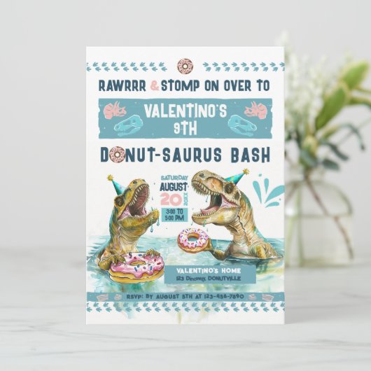Dinosaurussen Donut Pool Party uitnodiging (Staand voorkant)