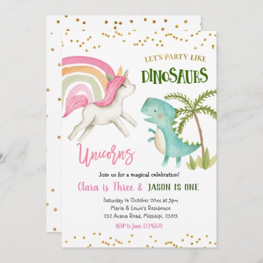 Dinosaurussen en Unicorns Sibling Birthday Invitat Kaart (Voorkant / Achterkant)