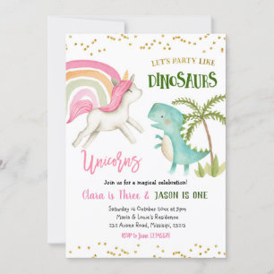 Dinosaurussen en Unicorns Sibling Birthday Invitat Kaart