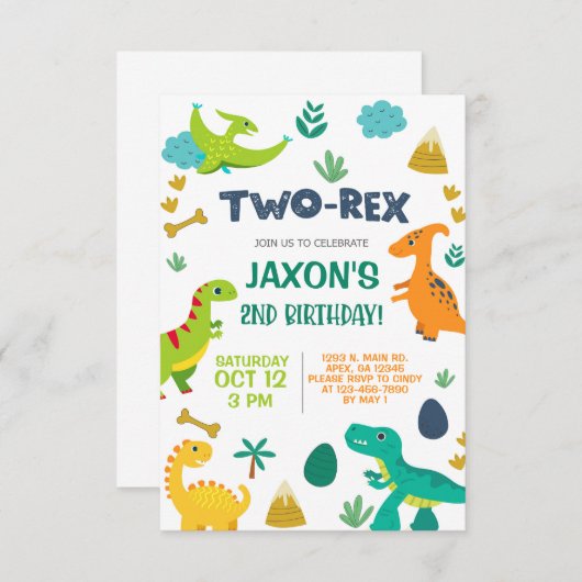 Dinosaurussen jongen TWO-REX 2e verjaardag uitnodi Kaart (Voorkant / Achterkant)