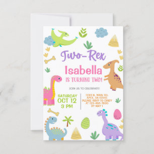 Dinosaurussen meisje TWO-REX 2e verjaardag uitnodi Kaart