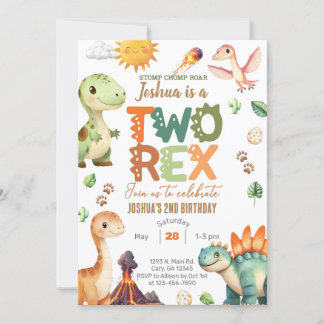 Dinosaurussen TWEE-REX jongen 2e verjaardag uitnod Kaart