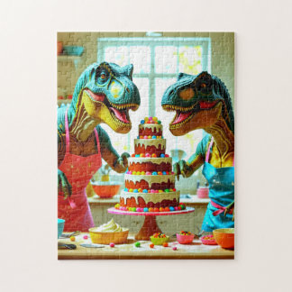 Dinosaurussen werken samen om een taart te bakken legpuzzel