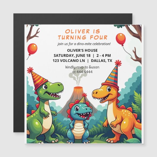 Dinosour Anniversaire Fête Invitation Carte magnét (Devant / Derrière)