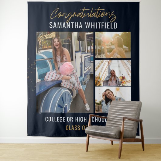 Diploma 2025 Fotocollage Navyblauw Fotobooth Wandkleed (In situ)