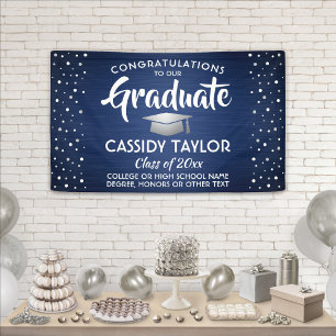 Diploma-confetti geborsteld navyblauw wit zilver spandoek