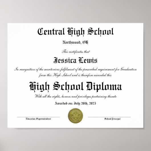Diploma Middelbare School Afgestudeerd Poster (Voorkant)