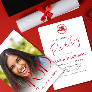 Diplôme photo personnalisé rouge sur invitation bl