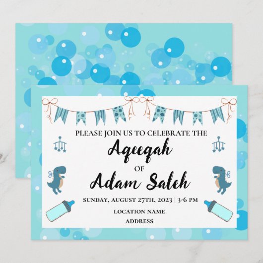 Direct bewerkbare Aqeeqah Boy Blue Invitation Kaar Kaart (Voorkant / Achterkant)