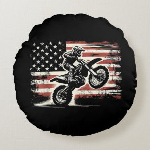 Dirt Bike Amerikaanse Vlag Motorcross Biker Vintag Rond Kussen