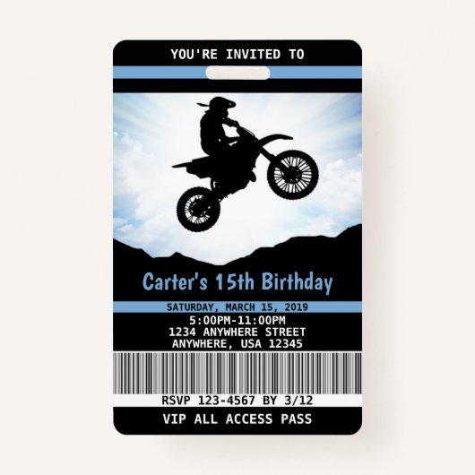 Dirt Bike Birthday Invitation VIP Pass Badge (Voorkant)