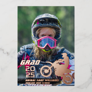 Dirt Bike Motocross 2 Foto Afstuderen Roos Gold Folie Uitnodiging